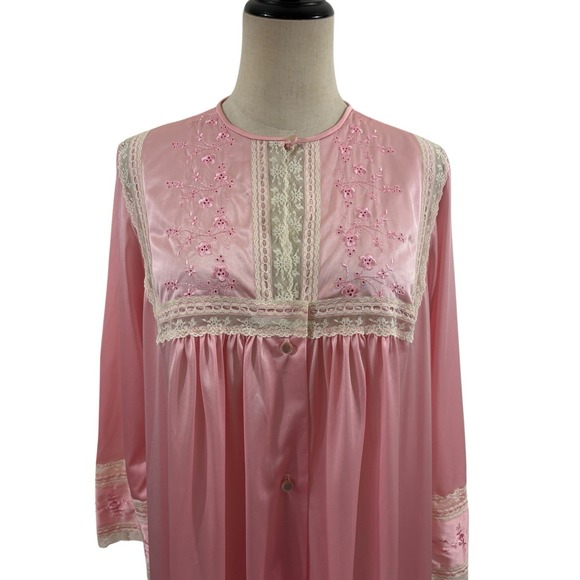 Vtg 60s Pink Nylon Long Nightgown Robe Lace Embroidered Sz S Cottage Coquette - Picture 2 of 8